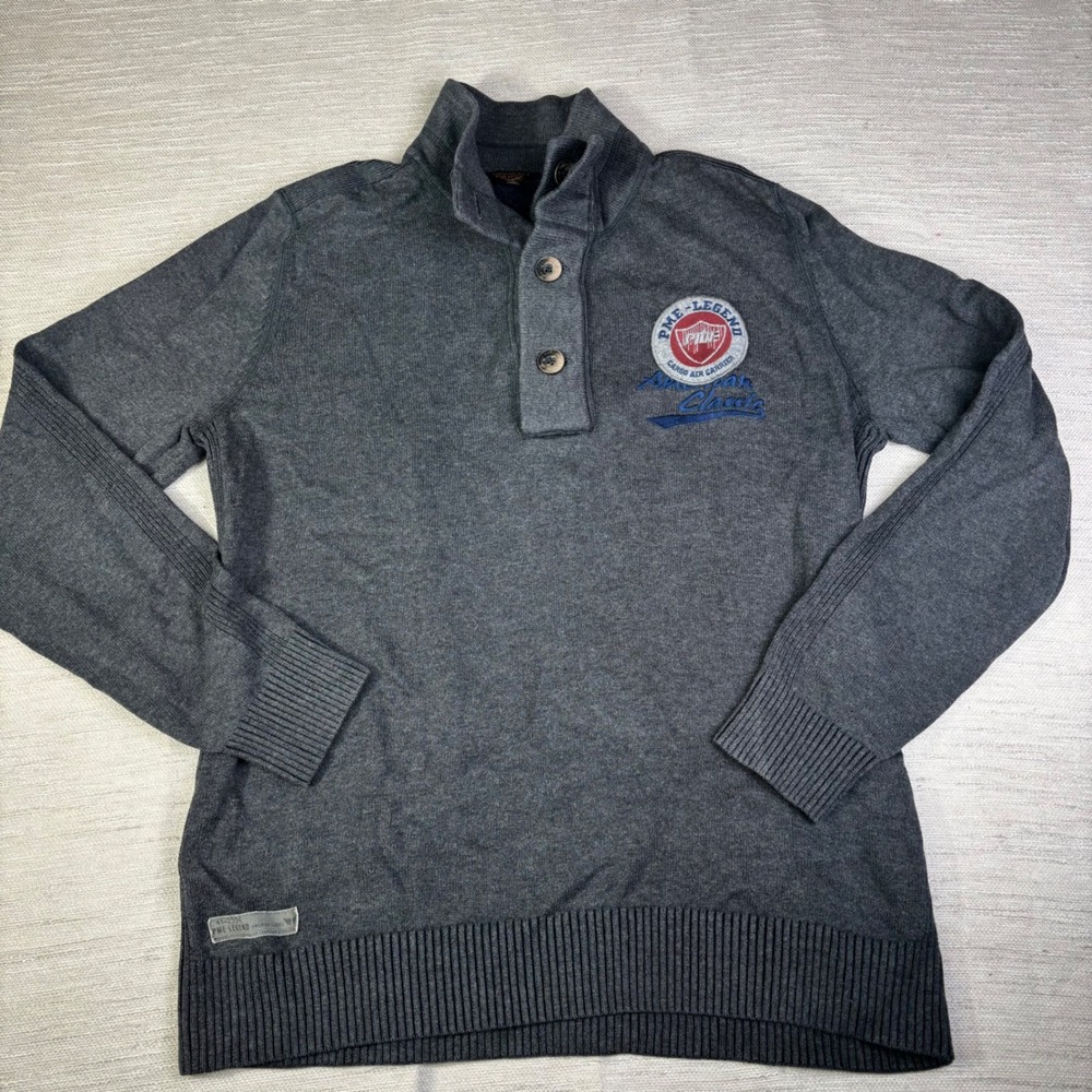 PME Legend American‎ Classic Mens Gray Knit Sweater Button Collar Emblem Size XL